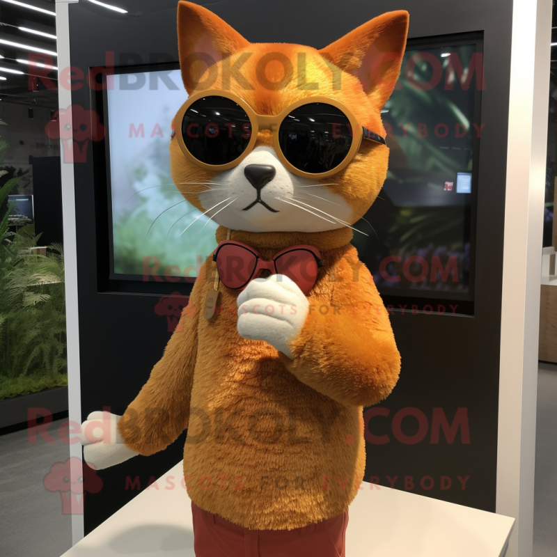 Rust Cat mascot costume character dressed with a Evening Gown and Sunglasses