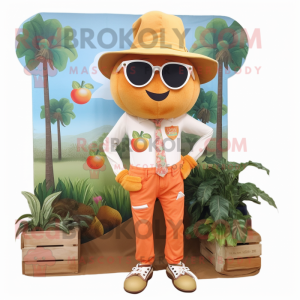 Peach Scarecrow mascot costume character dressed with a Capri Pants and Sunglasses