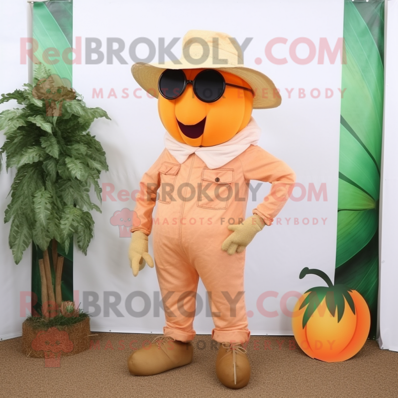 Peach Scarecrow mascot costume character dressed with a Capri Pants and Sunglasses