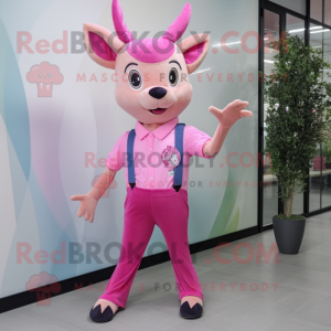 Pink Deer mascot costume character dressed with a Boyfriend Jeans and Bow ties