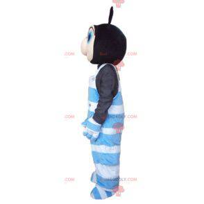 Black and pink insect mascot in blue and white overalls -