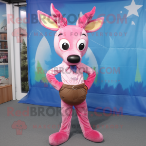 Pink Deer mascot costume character dressed with a Boyfriend Jeans and Bow ties