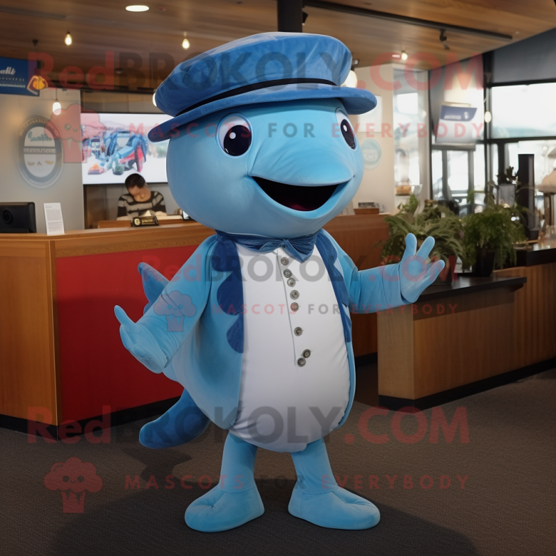 Sky Blue Humpback Whale mascot costume character dressed with a Playsuit and Berets