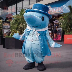 Sky Blue Humpback Whale mascot costume character dressed with a Playsuit and Berets