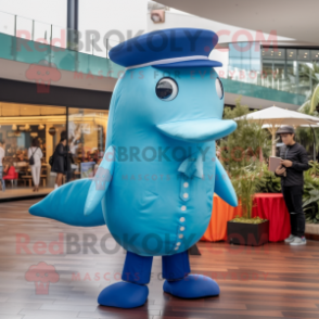 Sky Blue Humpback Whale mascot costume character dressed with a Playsuit and Berets