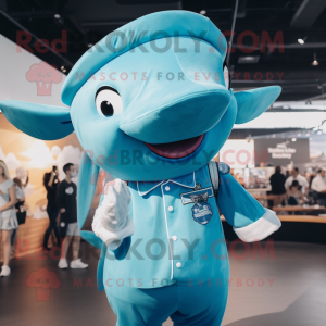 Sky Blue Humpback Whale mascot costume character dressed with a Playsuit and Berets