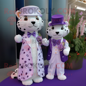 Lavender Leopard mascot costume character dressed with a Wedding Dress and Berets