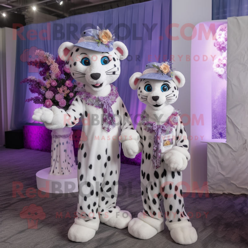 Lavender Leopard mascot costume character dressed with a Wedding Dress and Berets Lavender Leopard mascot costume character dressed with a Wedding Dress and Berets