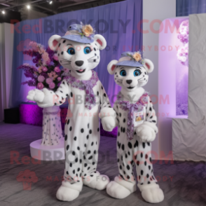 Lavender Leopard mascot costume character dressed with a Wedding Dress and Berets