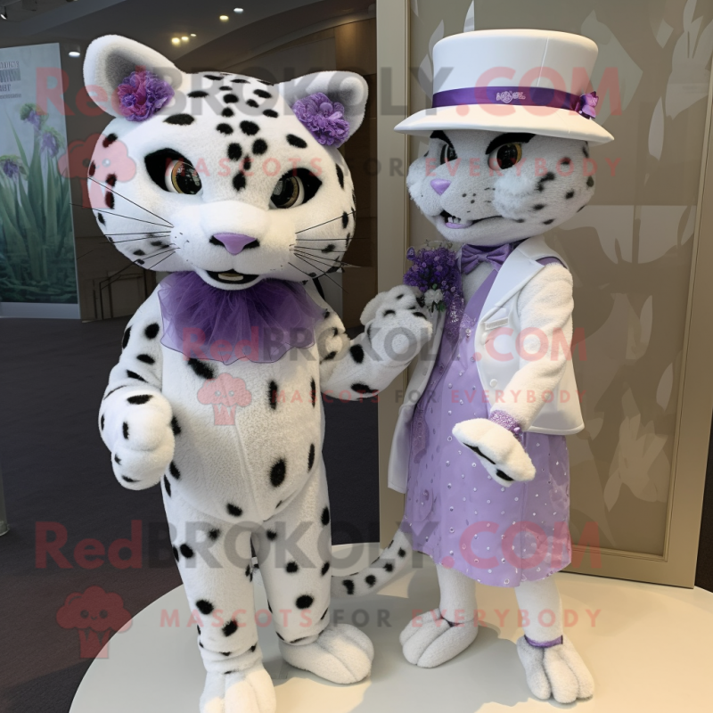 Lavender Leopard mascot costume character dressed with a Wedding Dress and Berets Lavender Leopard mascot costume character dressed with a Wedding Dress and Berets