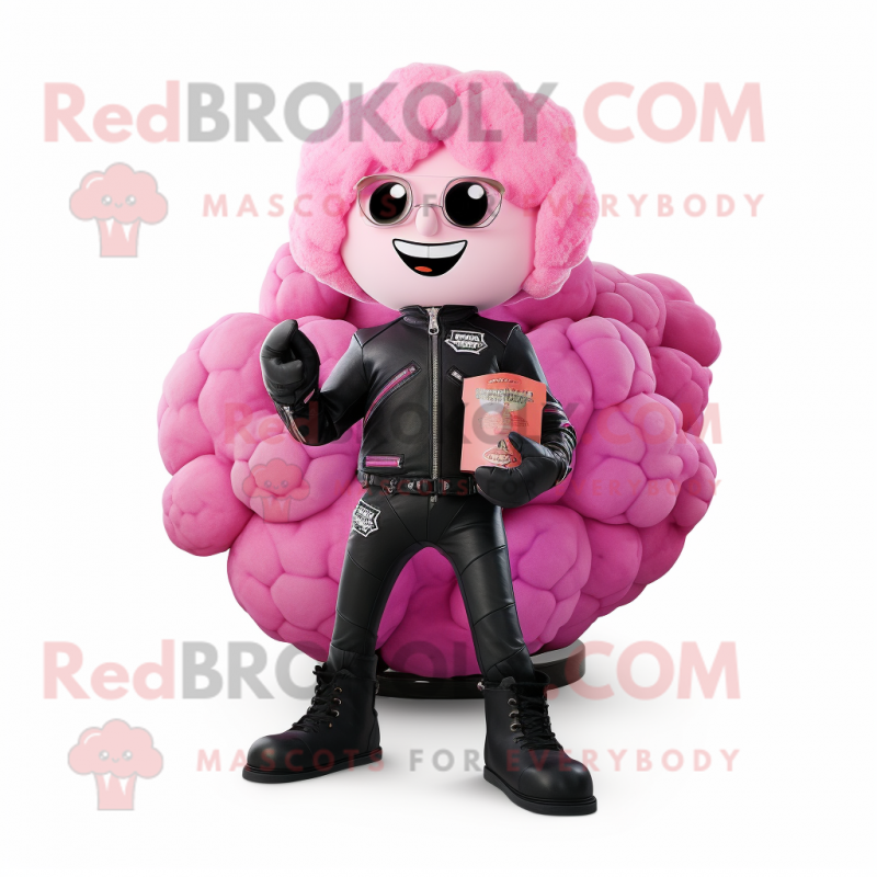 Pink Cauliflower mascot costume character dressed with a Biker Jacket and Coin purses Pink Cauliflower mascot costume character dressed with a Biker Jacket and Coin purses