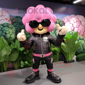 Pink Cauliflower mascot costume character dressed with a Biker Jacket and Coin purses