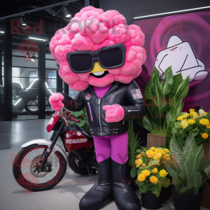 Pink Cauliflower mascot costume character dressed with a Biker Jacket and Coin purses