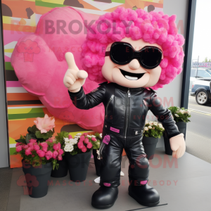 Pink Cauliflower mascot costume character dressed with a Biker Jacket and Coin purses