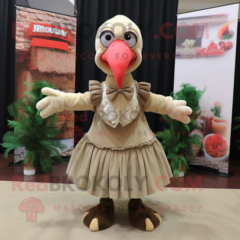 Beige Turkey mascot costume character dressed with a Maxi Skirt and Bow ties Beige Turkey mascot costume character dressed with a Maxi Skirt and Bow ties