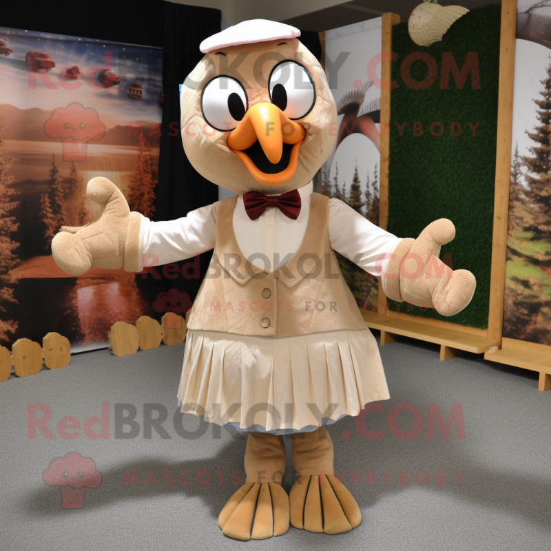 Beige Turkey mascot costume character dressed with a Maxi Skirt and Bow ties