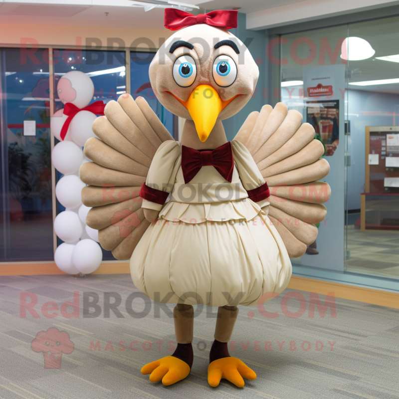 Beige Turkey mascot costume character dressed with a Maxi Skirt and Bow ties Beige Turkey mascot costume character dressed with a Maxi Skirt and Bow ties