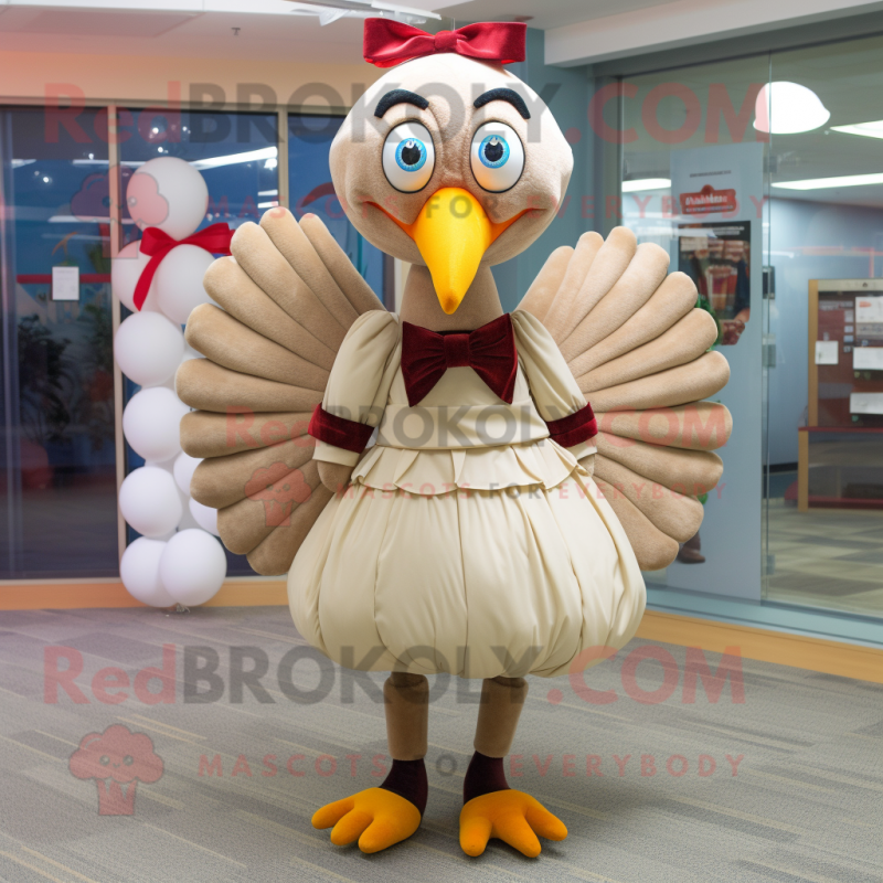 Beige Turkey mascot costume character dressed with a Maxi Skirt and Bow ties