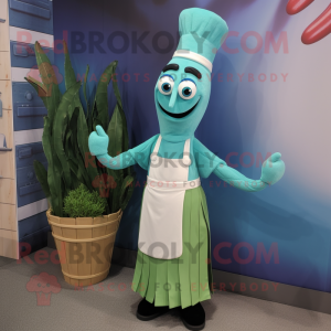 Teal Asparagus mascot costume character dressed with a Wrap Dress and Suspenders