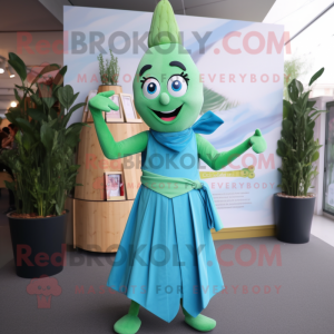 Teal Asparagus mascot costume character dressed with a Wrap Dress and Suspenders