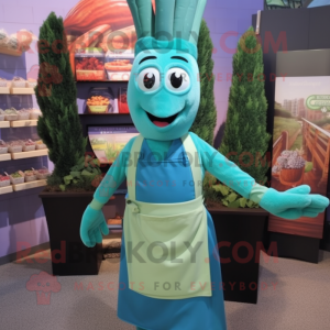 Teal Asparagus mascot costume character dressed with a Wrap Dress and Suspenders