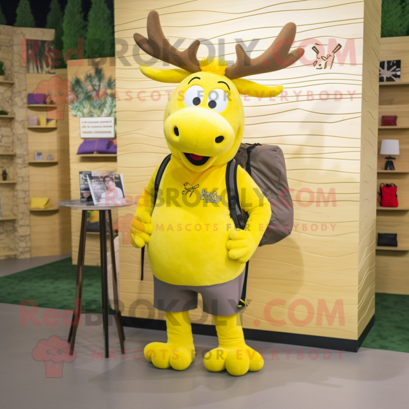 Lemon Yellow Moose mascot costume character dressed with a Mini Skirt and Backpacks