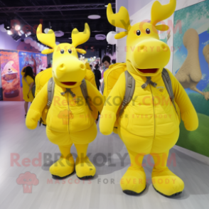 Lemon Yellow Moose mascot costume character dressed with a Mini Skirt and Backpacks