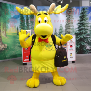 Lemon Yellow Moose mascot costume character dressed with a Mini Skirt and Backpacks