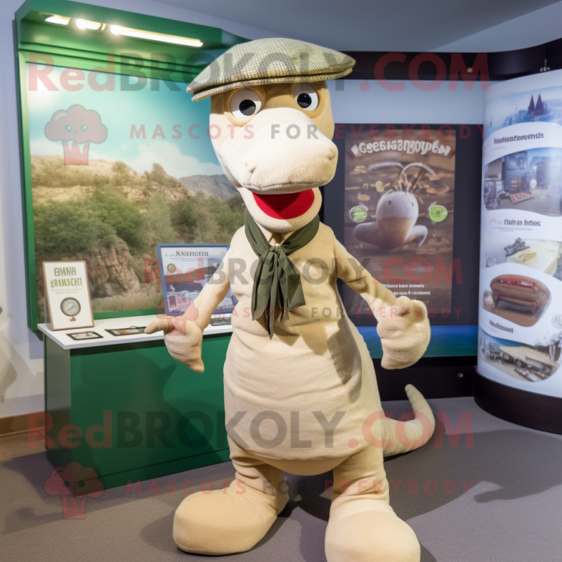 Beige Loch Ness Monster mascot costume character dressed with a Waistcoat and Berets