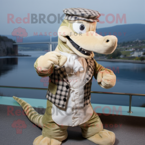 Beige Loch Ness Monster mascot costume character dressed with a Waistcoat and Berets