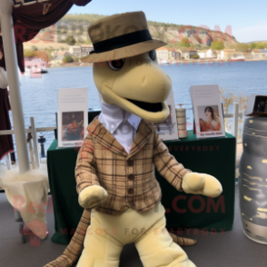 Beige Loch Ness Monster mascot costume character dressed with a Waistcoat and Berets