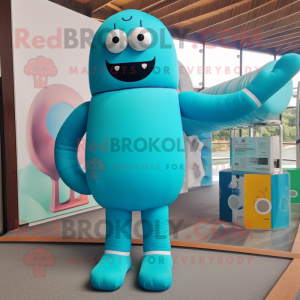Turquoise Human Cannon Ball mascot costume character dressed with a One-Piece Swimsuit and Mittens