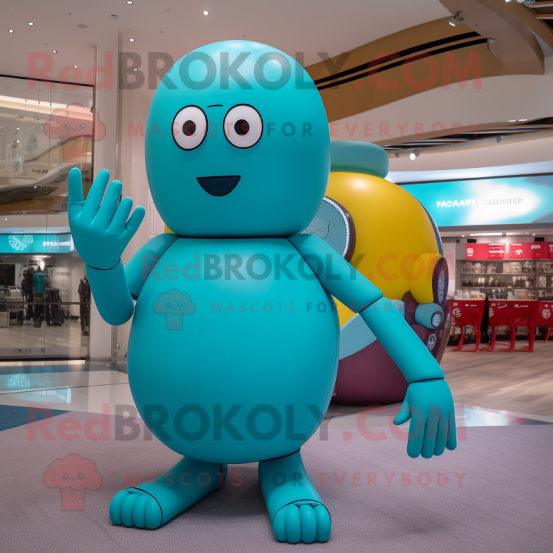 Turquoise Human Cannon Ball mascot costume character dressed with a One-Piece Swimsuit and Mittens