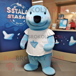 Sky Blue Stellar'S Sea Cow mascot costume character dressed with a V-Neck Tee and Wraps