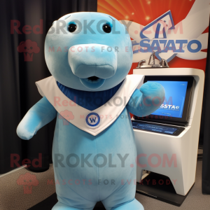 Sky Blue Stellar'S Sea Cow mascot costume character dressed with a V-Neck Tee and Wraps