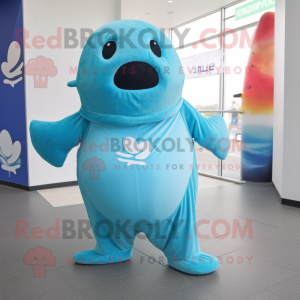 Sky Blue Stellar'S Sea Cow mascot costume character dressed with a V-Neck Tee and Wraps