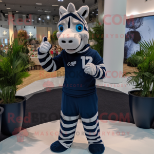 Navy Zebra mascot costume character dressed with a Sweatshirt and Watches