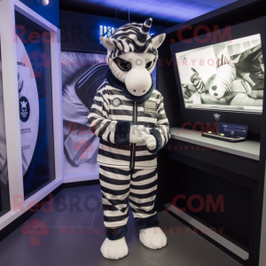 Navy Zebra mascot costume character dressed with a Sweatshirt and Watches