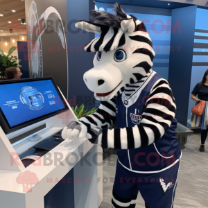 Navy Zebra mascot costume character dressed with a Sweatshirt and Watches