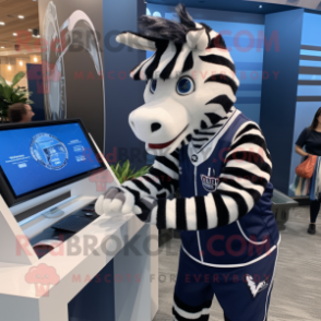 Navy Zebra mascot costume character dressed with a Sweatshirt and Watches