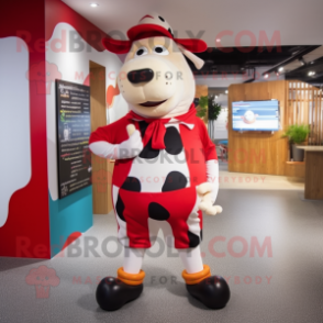 Red Holstein Cow mascot costume character dressed with a Leggings and Clutch bags