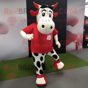 Red Holstein Cow mascot costume character dressed with a Leggings and Clutch bags