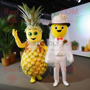 Lemon Yellow Pineapple mascot costume character dressed with a Wedding Dress and Suspenders