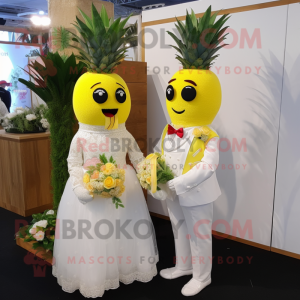 Lemon Yellow Pineapple mascot costume character dressed with a Wedding Dress and Suspenders