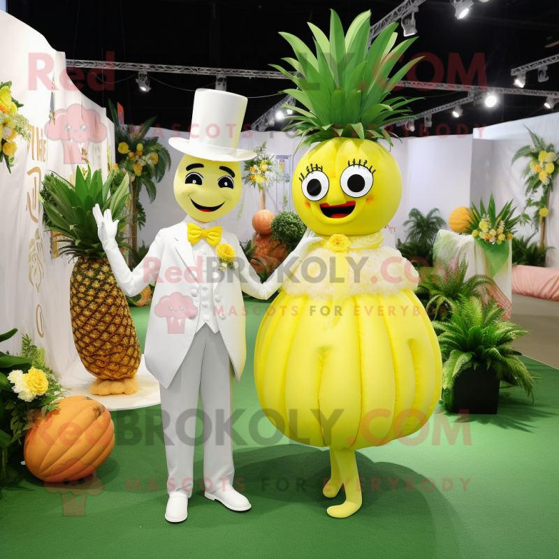 Lemon Yellow Pineapple mascot costume character dressed with a Wedding Dress and Suspenders