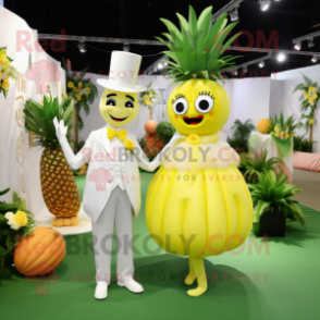 Lemon Yellow Pineapple mascot costume character dressed with a Wedding Dress and Suspenders