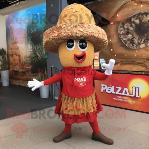 Rust Paella mascot costume character dressed with a Playsuit and Hat pins