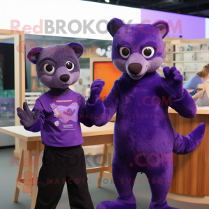 Purple Jaguarundi mascot costume character dressed with a Oxford Shirt and Mittens