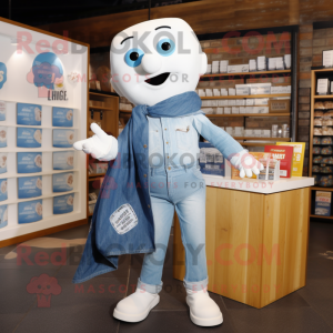 White Chocolate Bar mascot costume character dressed with a Denim Shirt and Scarves