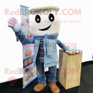 White Chocolate Bar mascot costume character dressed with a Denim Shirt and Scarves